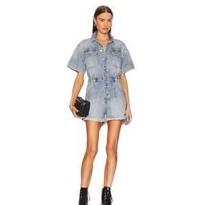 Free People We The Free Marci Cuffed Shortall Button-Front Denim‎ Romper Size XS